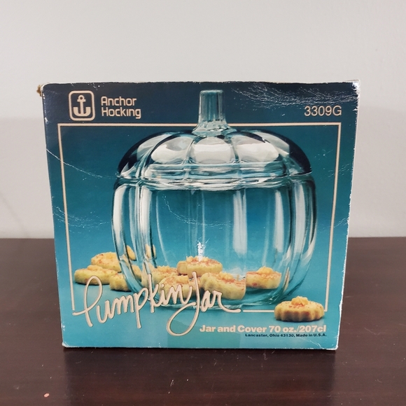 Anchor Hocking Vtg. Pumpkin Cookie Jar Clear Glass W/Lid & Box 3309G ~Pre-Owned - Picture 9 of 16